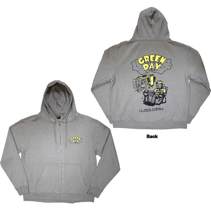 Green Day Unisex Zipped Hoodie: Longview Doodle (Grey) (Back Print)