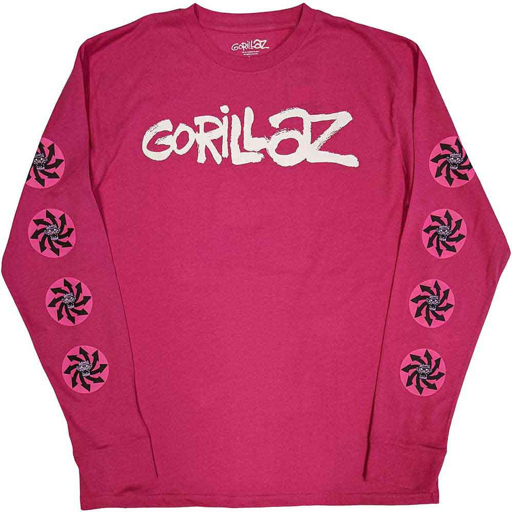 Gorillaz Unisex Long Sleeve T-Shirt: Repeat Pazuzu (Pink) (Sleeve Print)