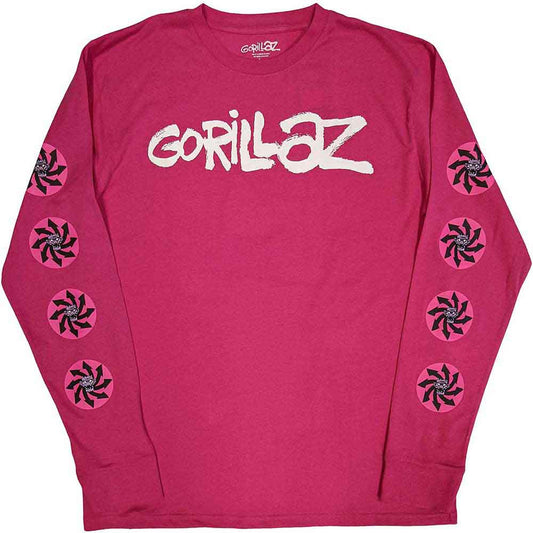 Gorillaz Unisex Long Sleeve T-Shirt: Repeat Pazuzu (Pink) (Sleeve Print)