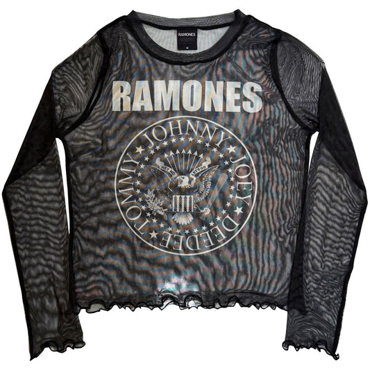 Ramones Ladies Long Sleeve Mesh Crop Top: Presidential Seal (Black)